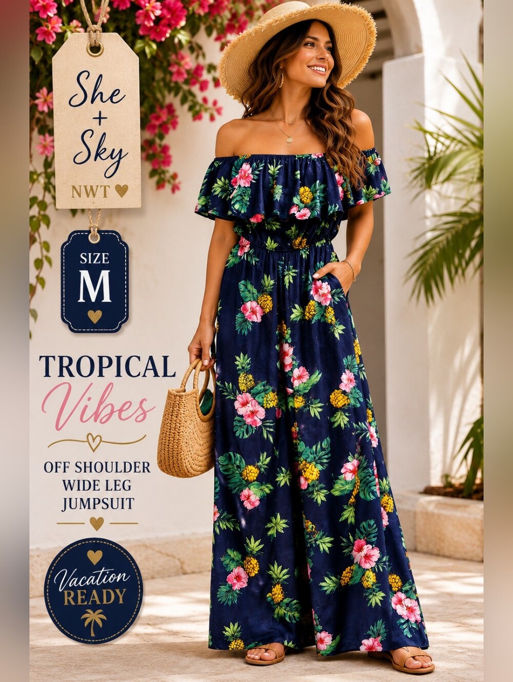 NWT She + Sky Tropical Off Shoulder Wide Leg Jumpsuit Romper M Floral Pineapple